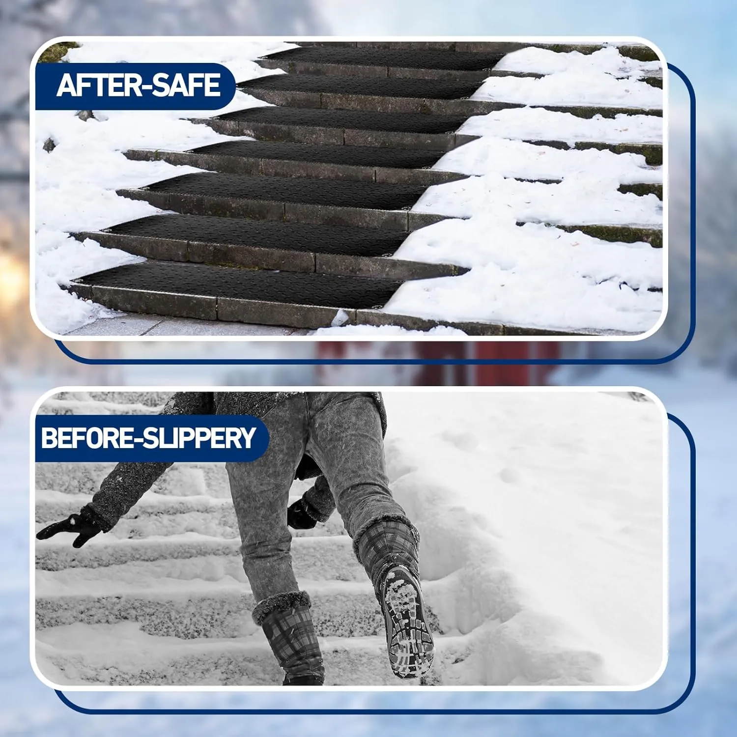 Riakrum 4 Pcs 10 x 30 Inch Heated Snow Ice Melting Mats Outdoor Winter Heated Rubber Mat Slip Proof for Stairs Steps Driveway Walkway Decks Sidewalks Connection with 9.84 ft Power Cord