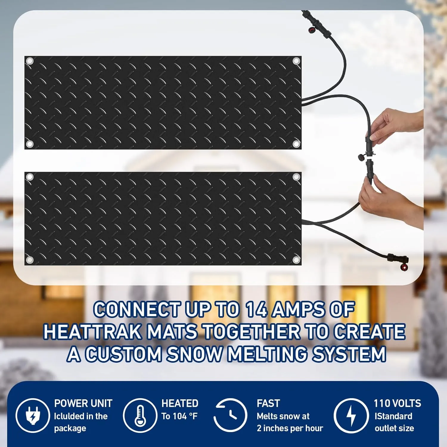 Riakrum 4 Pcs 10 x 30 Inch Heated Snow Ice Melting Mats Outdoor Winter Heated Rubber Mat Slip Proof for Stairs Steps Driveway Walkway Decks Sidewalks Connection with 9.84 ft Power Cord