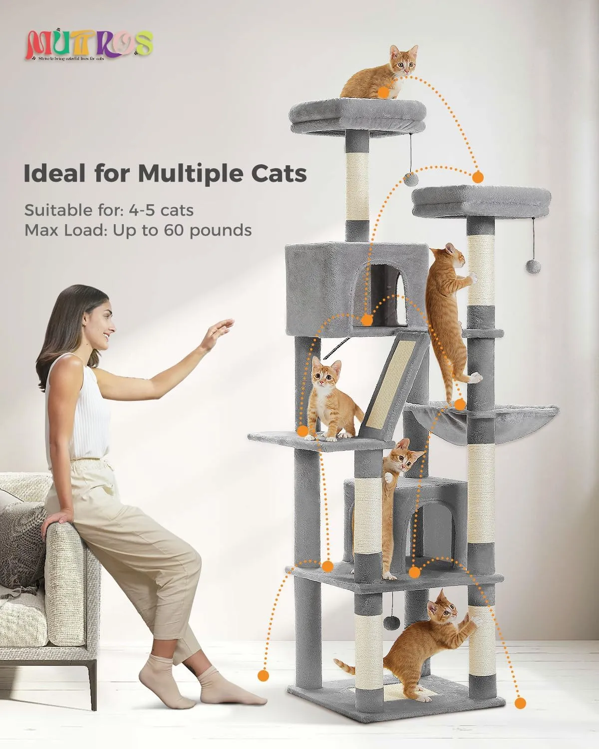 Tall Cat Tree 70.9", Large Cat Tree for Indoor Cats, Multi-Level Plush Cat Condo with 6 Scratching Posts, 2 Scratching Boards, 2 Perches, 2 Caves, Hammock, 2 Pompoms, Gray