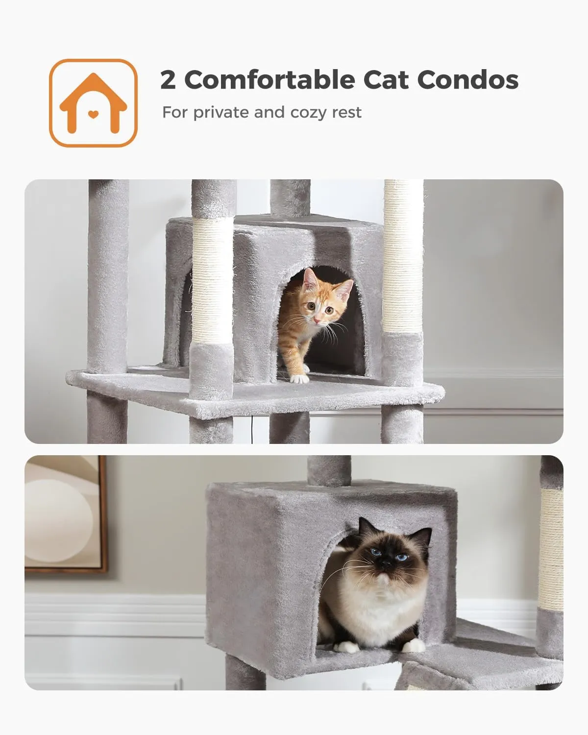 Tall Cat Tree 70.9", Large Cat Tree for Indoor Cats, Multi-Level Plush Cat Condo with 6 Scratching Posts, 2 Scratching Boards, 2 Perches, 2 Caves, Hammock, 2 Pompoms, Gray