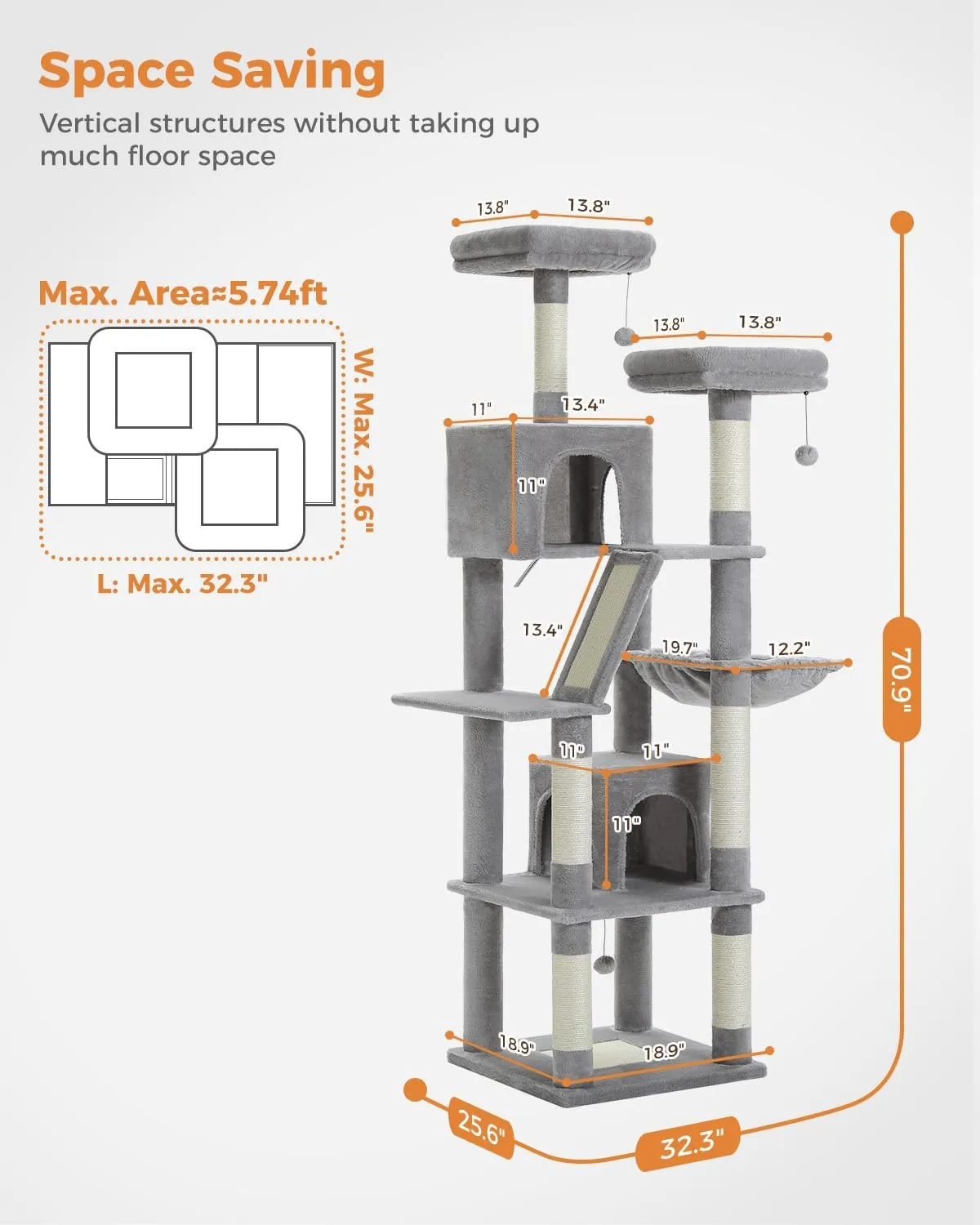 Tall Cat Tree 70.9", Large Cat Tree for Indoor Cats, Multi-Level Plush Cat Condo with 6 Scratching Posts, 2 Scratching Boards, 2 Perches, 2 Caves, Hammock, 2 Pompoms, Gray