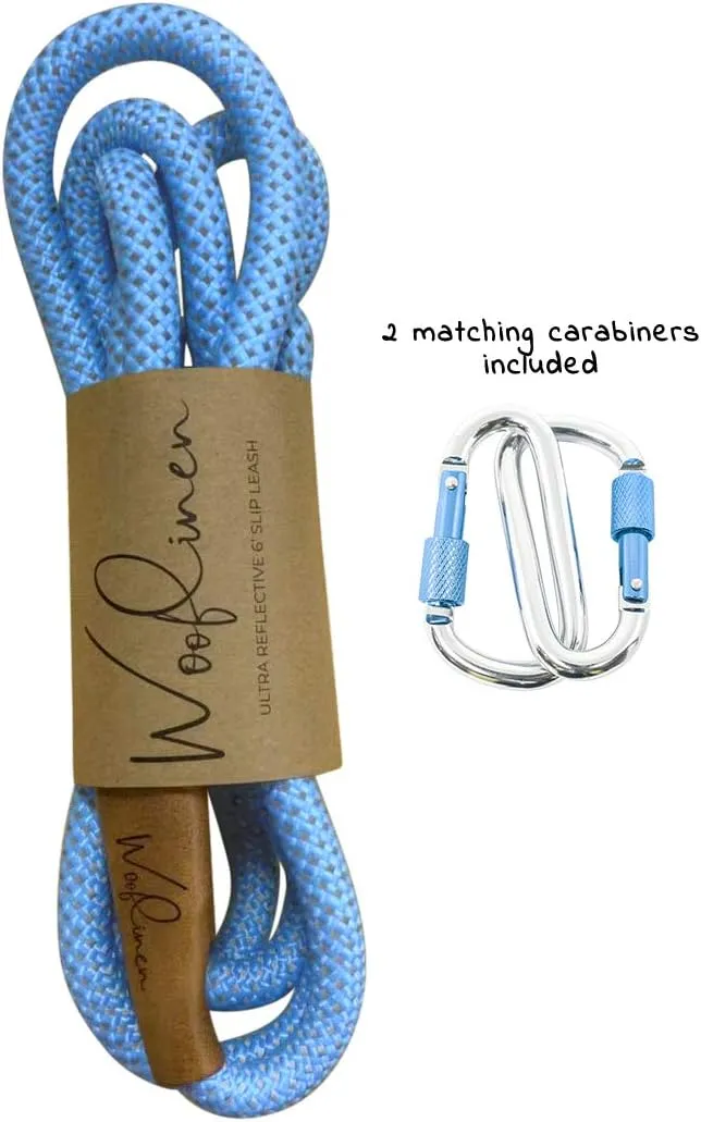 Ultra Reflective Premium Dog Slip Leash Made from Mountain Climbing Rope - Great for Training and The Strongest Pullers 6 Foot (Woof Blue w/Carabiners)