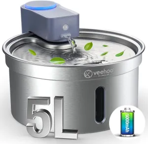 Veehoo 5L/169oz Wireless Stainless Steel Cat Water Fountain 5000mAh Battery Operated Rechargeable Pet Dog Water Dispenser Indoor Automatic Pet Drinking Water Bowls with Motion Sensor & Quiet Pump