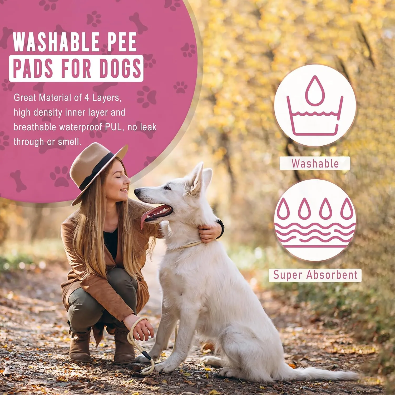 Washable Pee Pads for Dogs by Pawriffic Lifestyle - 2 Pack (Pink) Super Absorbent Reusable Puppy Pads with Pet Grooming Gloves, Dog Pads Washable Waterproof, Leak-Proof & Non-Slip (34 x 36)