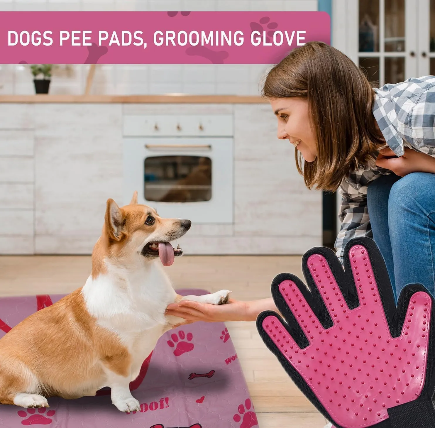 Washable Pee Pads for Dogs by Pawriffic Lifestyle - 2 Pack (Pink) Super Absorbent Reusable Puppy Pads with Pet Grooming Gloves, Dog Pads Washable Waterproof, Leak-Proof & Non-Slip (34 x 36)