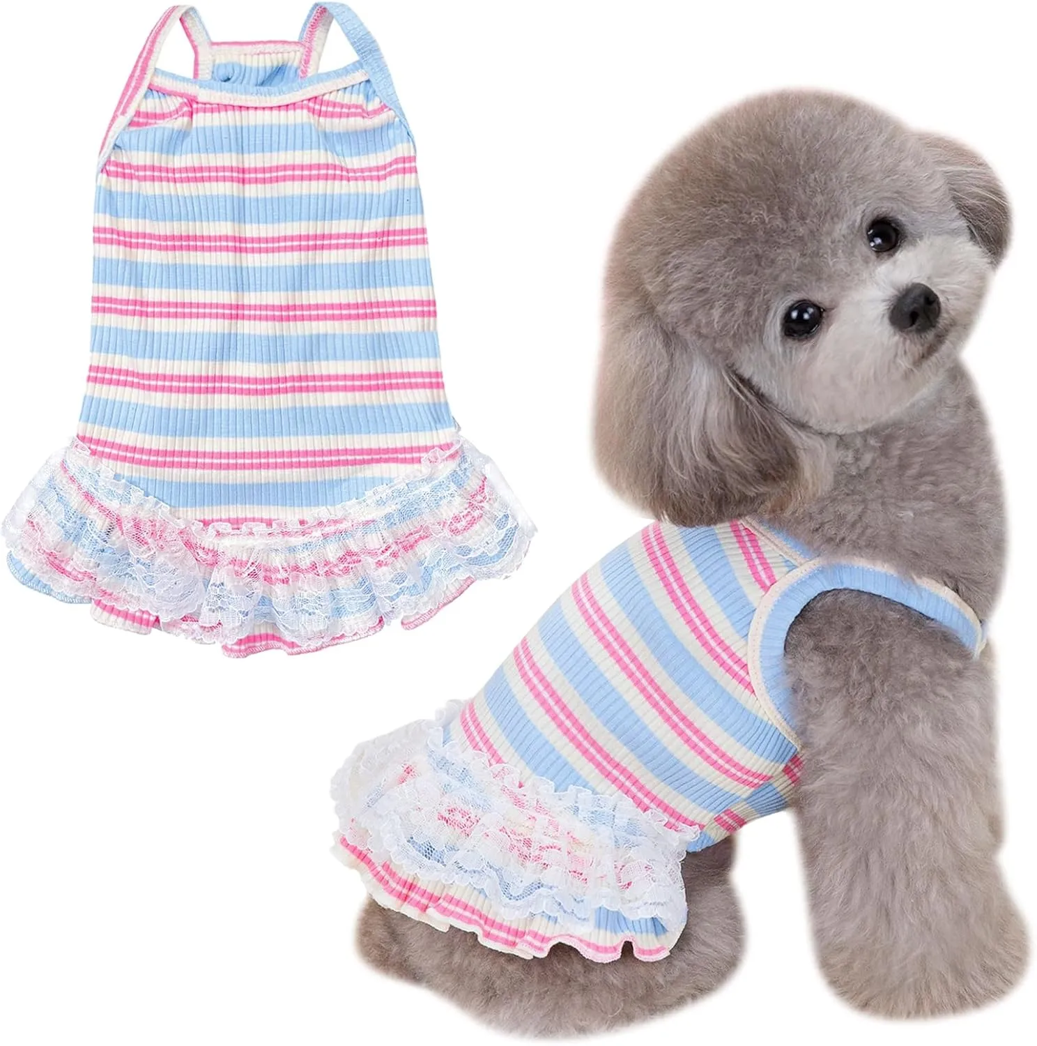 Winmany Dog Summer Clothes Puppy Sleeveless Striped Vest T-Shirt Pet Tutu Skirt Cat Dresses Suitable for Small Medium Cat Dog (Blue, Small)