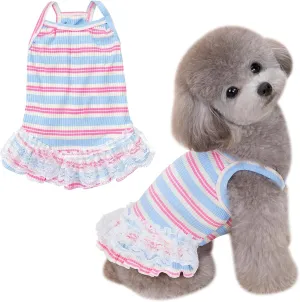 Winmany Dog Summer Clothes Puppy Sleeveless Striped Vest T-Shirt Pet Tutu Skirt Cat Dresses Suitable for Small Medium Cat Dog (Blue, Small)